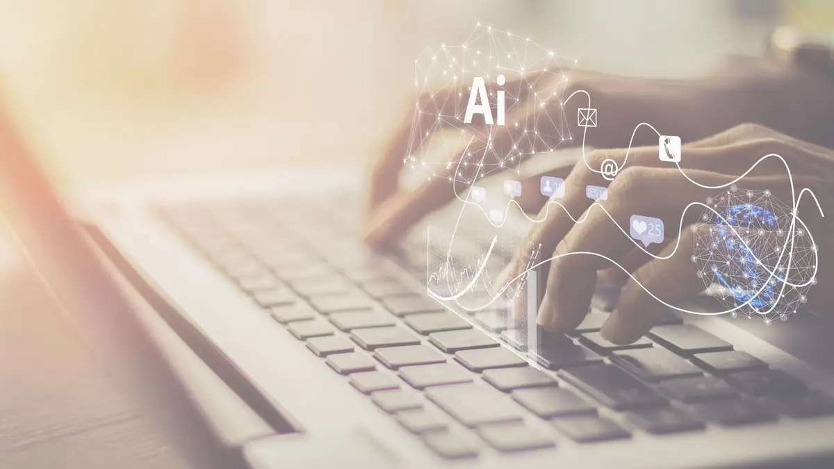 Mãos operando um notebook cercadas por ícones de inteligência artificial, dados e uma rede global - a operação integrada que a Parus-IA constrói.